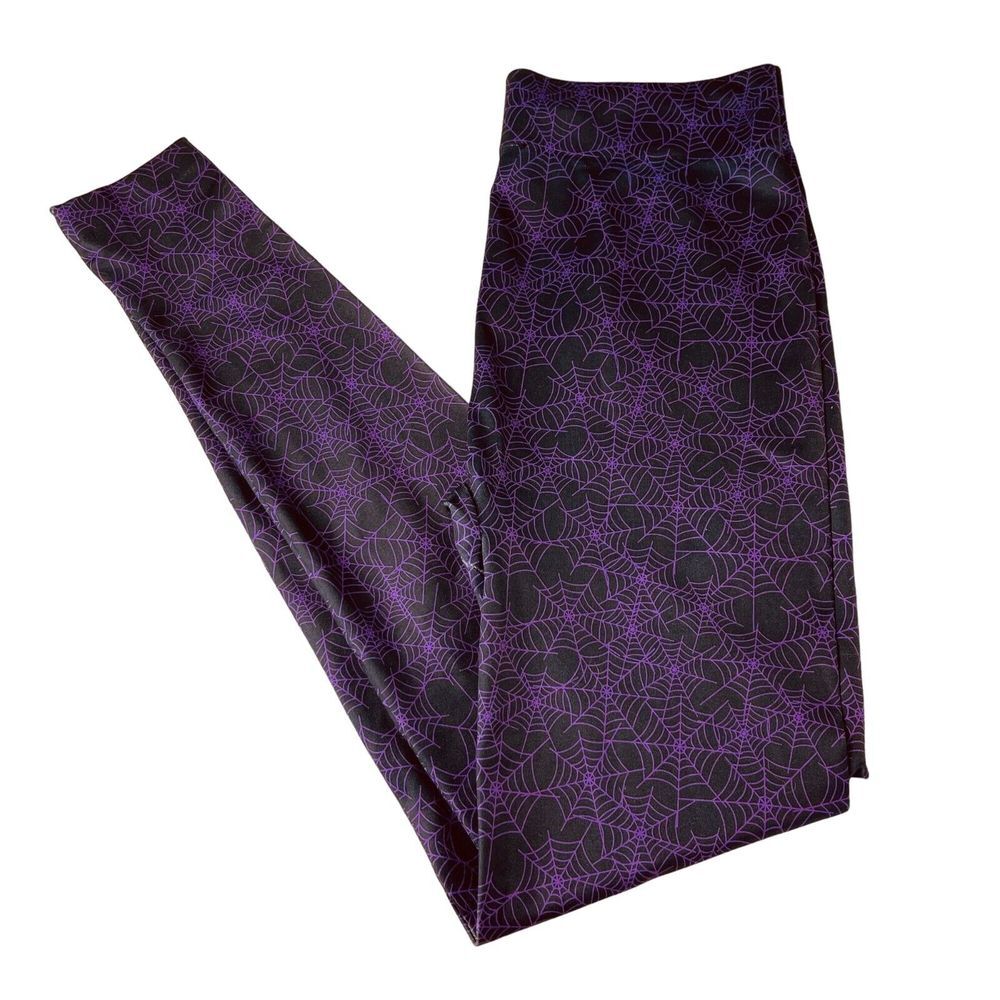 Halloween Leggings Womens S M Black Purple Spider Web Goth Spooky‎ Athleisure